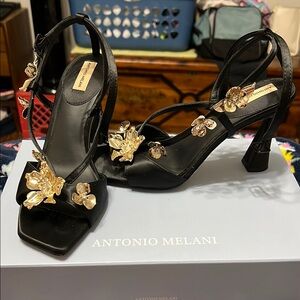 ANTONIO MELANI Black and Gold Floral Heels